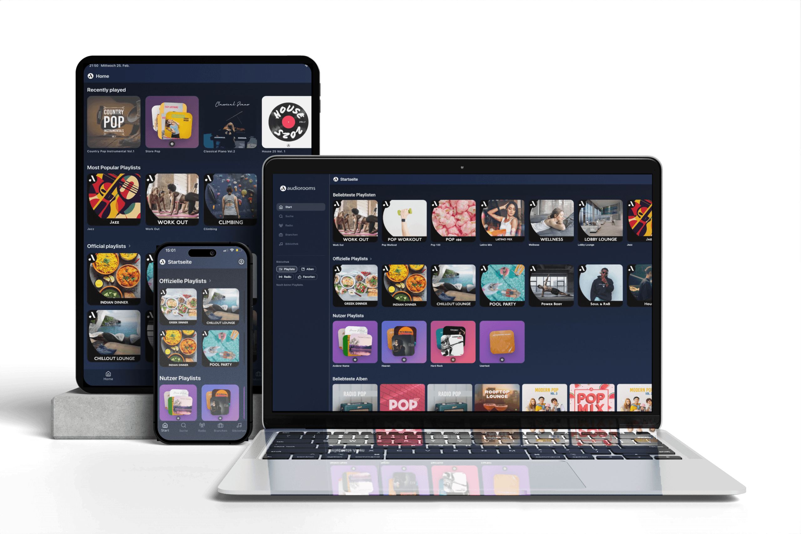 audiorooms Player auf Laptop, Tablet und Smartphone